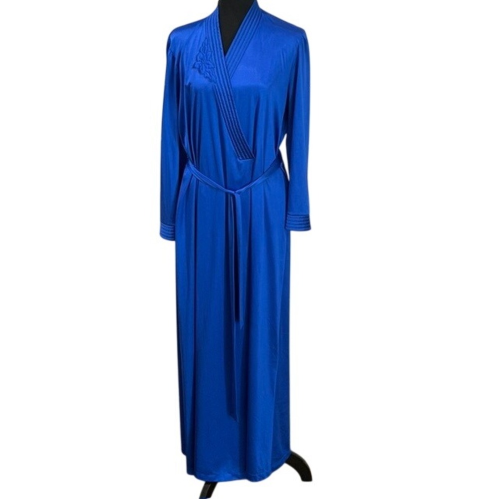 Vanity Fair Vintage Royal Blue Maxi Wrap Robe Floral Embroidered USA Made M